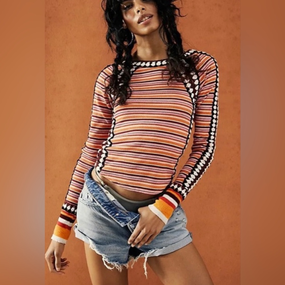 Free People Striped Long Sleeve Tee - Orange and Black